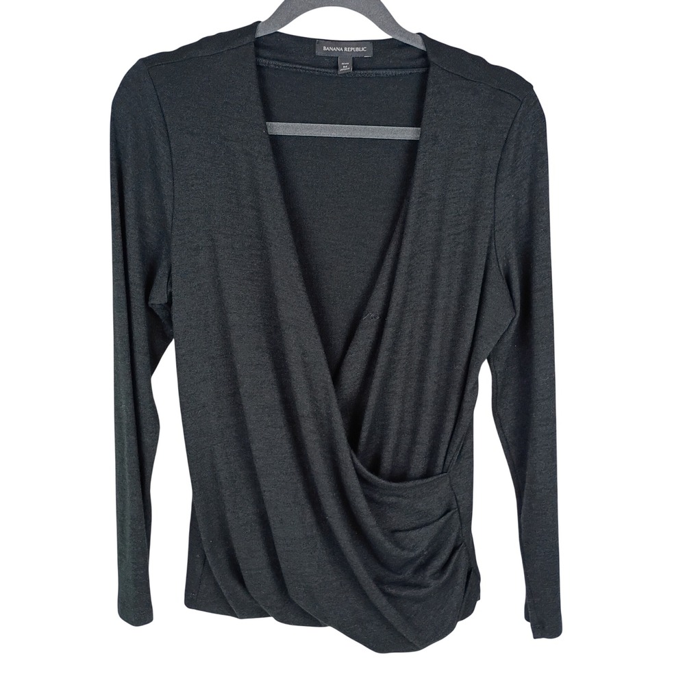 Banana Republic Womens Petite M Black Long Sleeve Faux Wrap Surplice Ruching Top